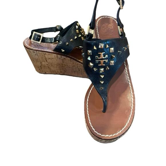 Tory Burch Espadrille Women 9 Cork Wedge Heel Sandal Black & Gold Metal Studded - Picture 1 of 12